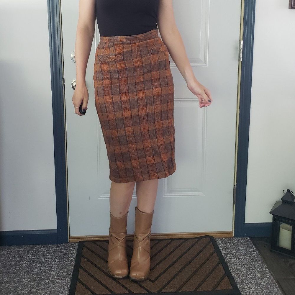 60s/70s Orange and Gray Plaid Pencil Skirt